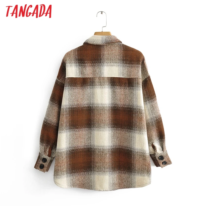 

Tangada Women brown plaid thick Coats Jacket Loose Long sleeves pocket 2020 Ladies Elegant Autumn Winter coat 3R7