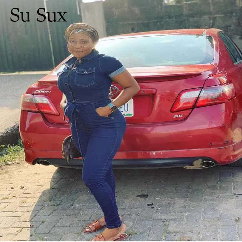 Женский джинсовый комбинезон повседневный Облегающий из денима с отложным