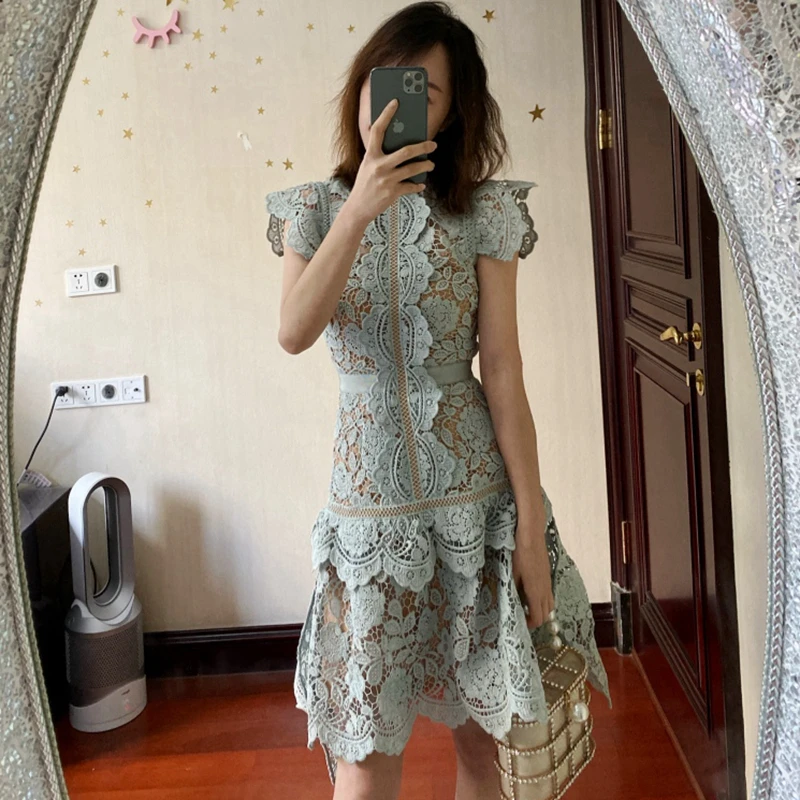 Women Dress Spring 2020 Female Lace Short Designer High Quality Runway Dresses Blue Backless Elegant Holiday Party |