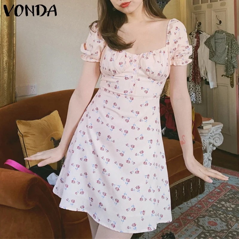 

Платье-мини женское летнее, с квадратным вырезом и коротким рукавом