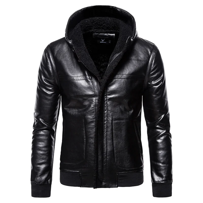 

British Style New Mens Leather Jacket Winter Fleece Hooded Motorcycle Leather Jacket Men PU Coats Jaqueta De Couro Masculina