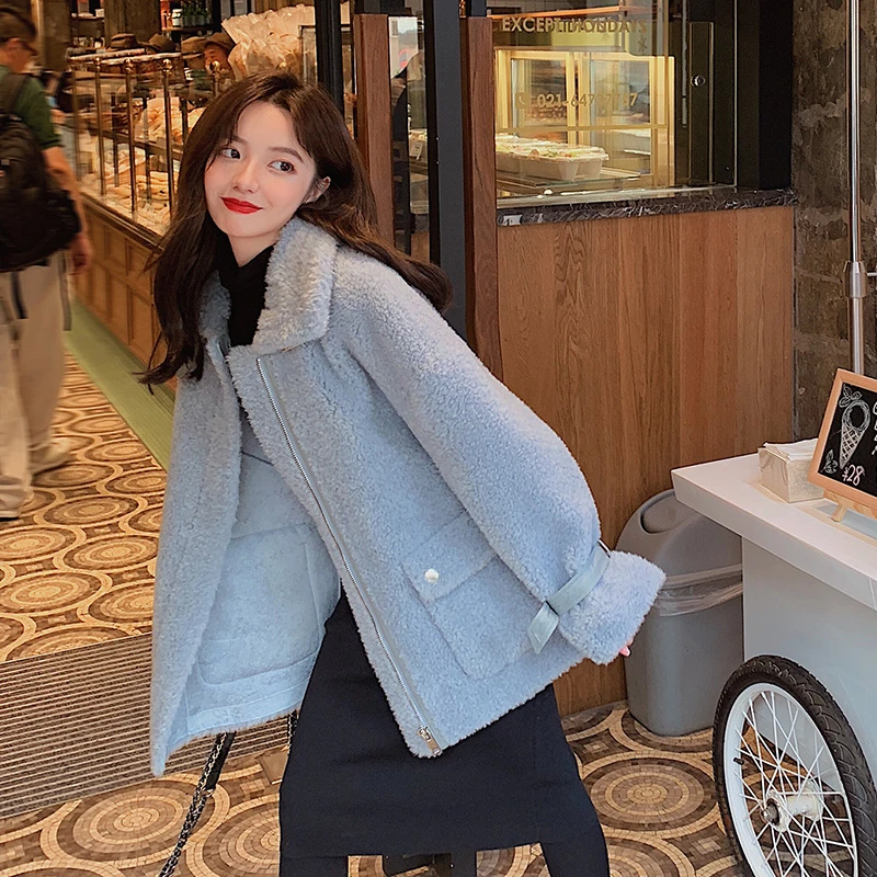 Осень зима 2020 новое корейское Синее Короткое пальто из овечьей шерсти свободное