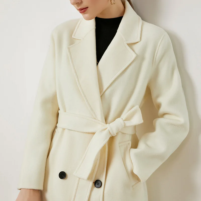 

Fashion Double-faced Wool Coat Slim Long Cashmere Coats with Belt Ladies Outwear Autumn White Abrigos Mujer Inviern 2020 WPY1884