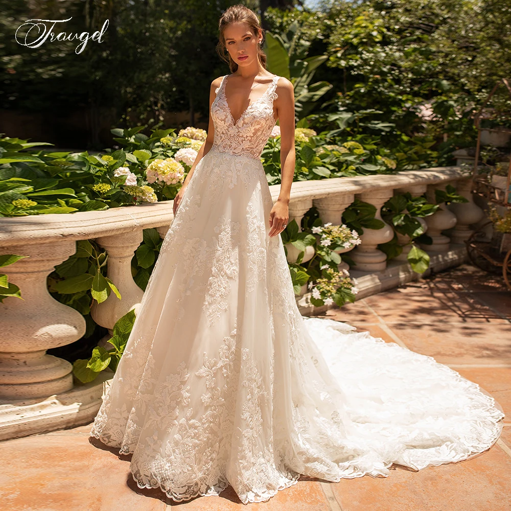 

Traugel Elegant V Neck Backless Lace Vintage Wedding Dresses Luxury Appliques Tank Sleeve Chapel Train A Line Bridal Gown