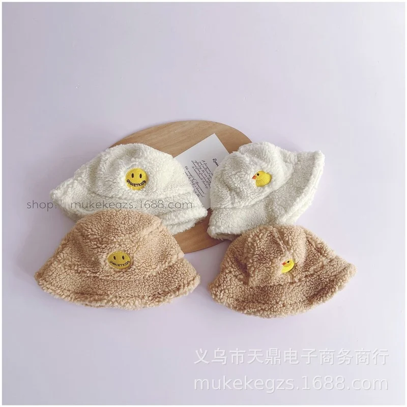 

Детская шапка рыбака из овечьей шерсти с вышивкой в виде улыбки Милая Детская плюшевая теплая шапка с мультяшным рисунком для осени и зимы