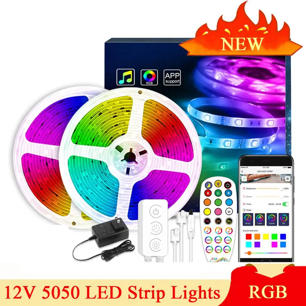 

Светодиодная лента RGB с Bluetooth, 12 В постоянного тока, 5050, водонепроницаемая, IP65, неоновая, гибкая, цветная, с управлением через приложение