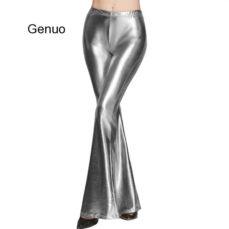 Womens Shiny Metallic Flared Pants Solid High Waist Bell-bottomed Pants Disco Trouser Lady Pants Pantalon Femme Pantalones Mujer