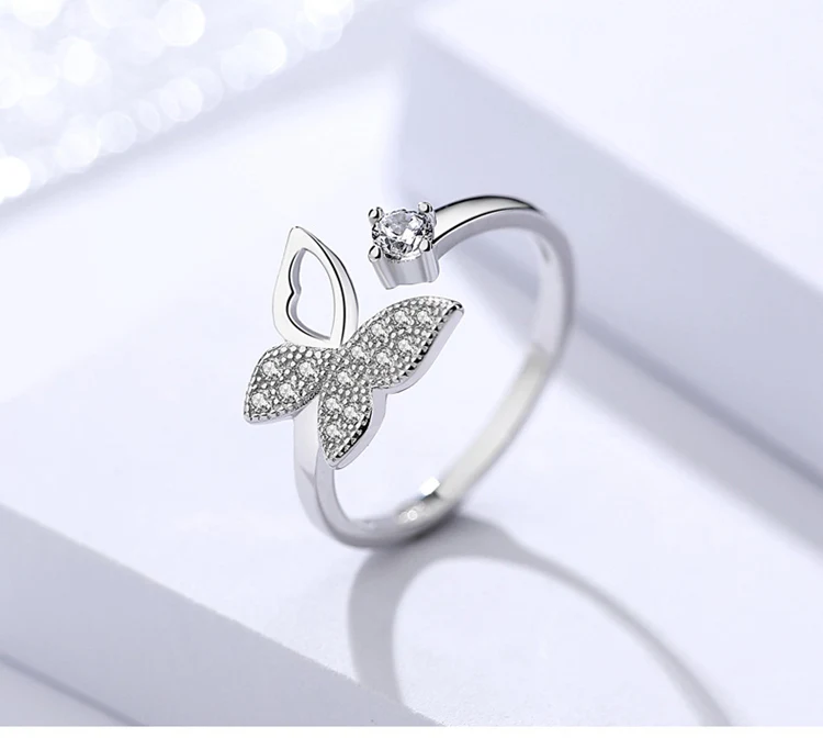 

Real Pure 925 Sterling Silver Jewelry Zircon Butterfly Rings for Women Wedding Finger Open Ring Anillos Anelli