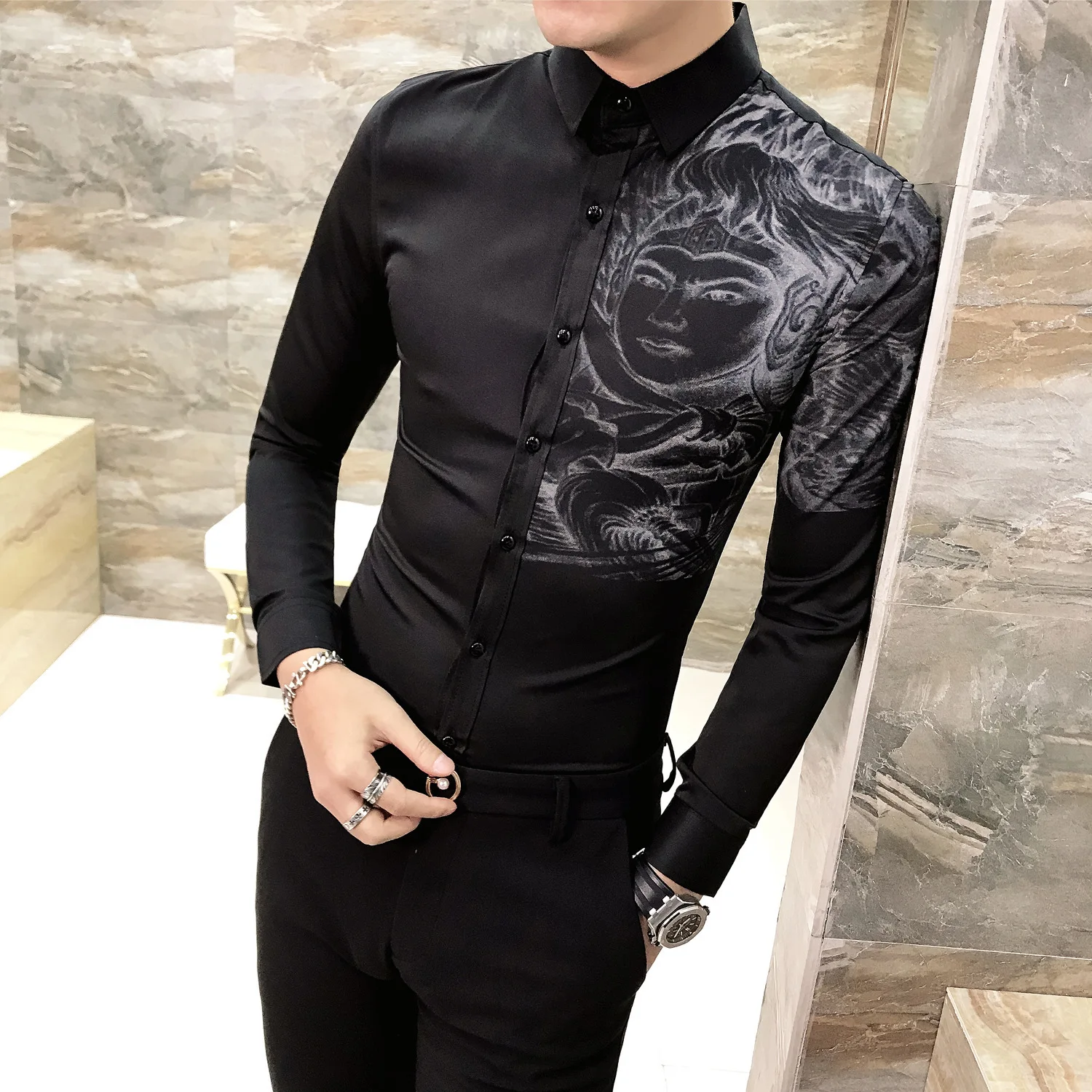 Платье рубашка Корейская одежда мужская рубашка camisa social Повседневная приталенная мужская с принтом вечерние рубашки для клуба Camisa Masculina