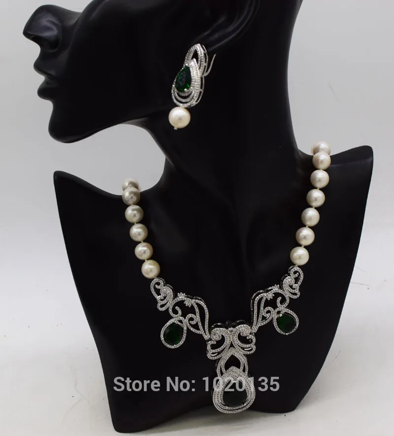 Ожерелье и серьги круглой формы с пресноводным жемчугом 10-11 мм зеленым Цирконом -