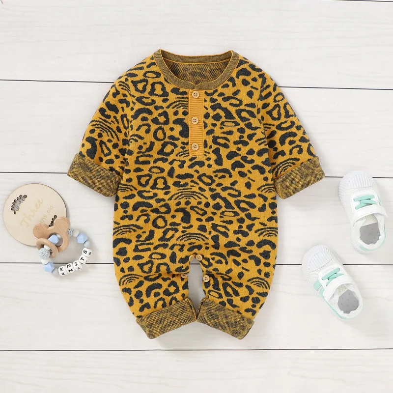 

0-18M Newborn Baby Girl Solid Color Bodysuit Boy Romper Knitted Long Sleeve Jumpsuit Warm Autumn Baby Clothes Leopard Costumes