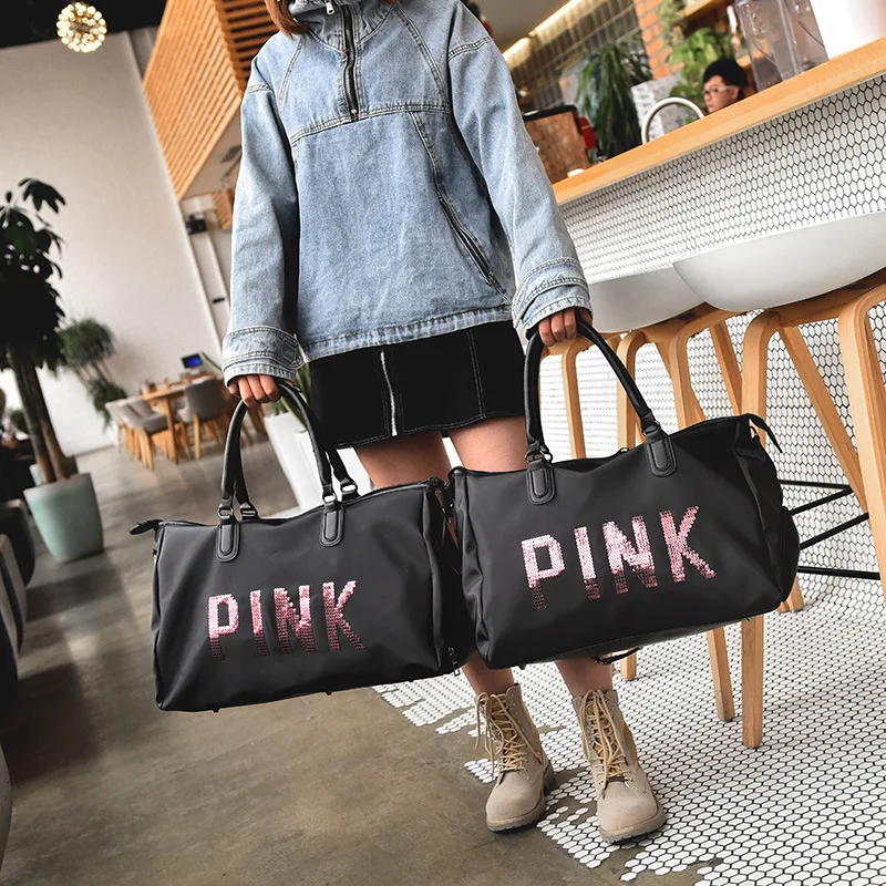 

PUOU Fashion Women Travel Bag Ladies Black Travel Bag Pink Sequins Shoulder Bag Women Handbag Weekend Sports Duffel Bags