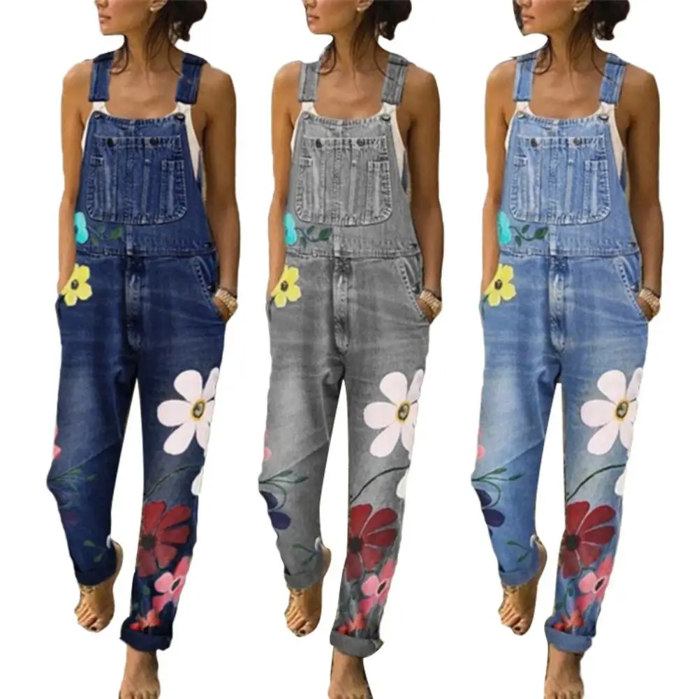 

Daisy New Summer Women Long Jumpsuits Fashion Flowers Printed Jeans Romper Casual Floral Pocket Playsuit Washable Denim Overalls