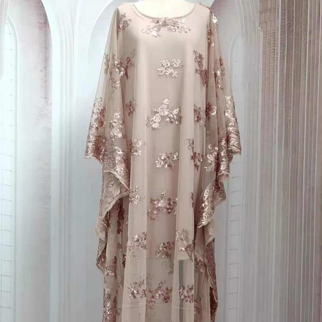 2021 Muslim New Champagne Color Casual Arabian Style Large Size Retro Embroidered Sequins Elegant Temperament Versatile