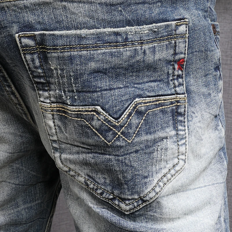 European American Vintage Fashion Men Jeans Retro Blue Elastic Slim Fit Ripped Jeans Men Distressed Designer Casual Denim Pants