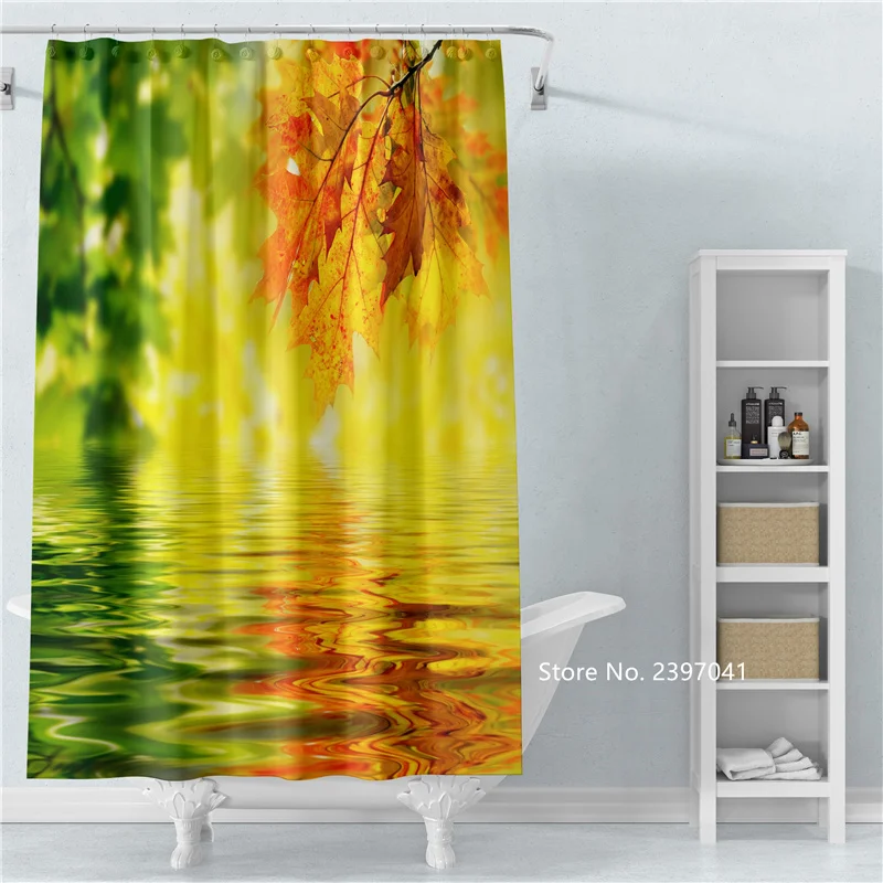 

Autumn Deciduous Dusk Beautiful Scenery Forest Waterfall Mountain Range Shower Curtain Bathroom Waterproof and Mildew Proof