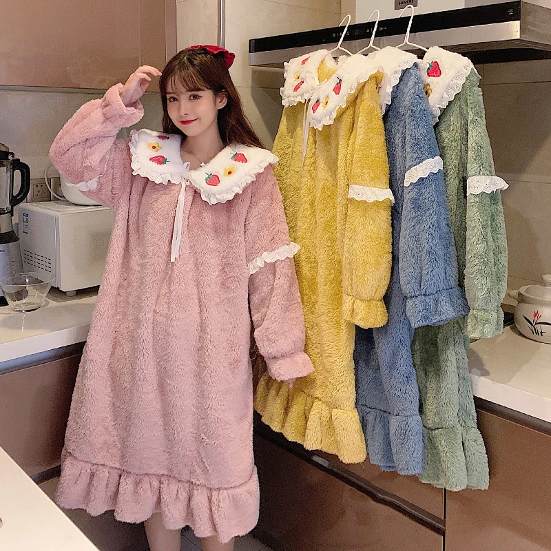 

SLPBELY Lovely Flanne Women Nightgown Winter Ladies Lovely Nighty Long Sleeve Strawberry Nightdress Sleepwear Girls Homewear