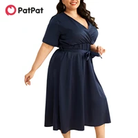 patpat women plus size elegant surplice neck tie belt short sleeve royal blue maxi dress