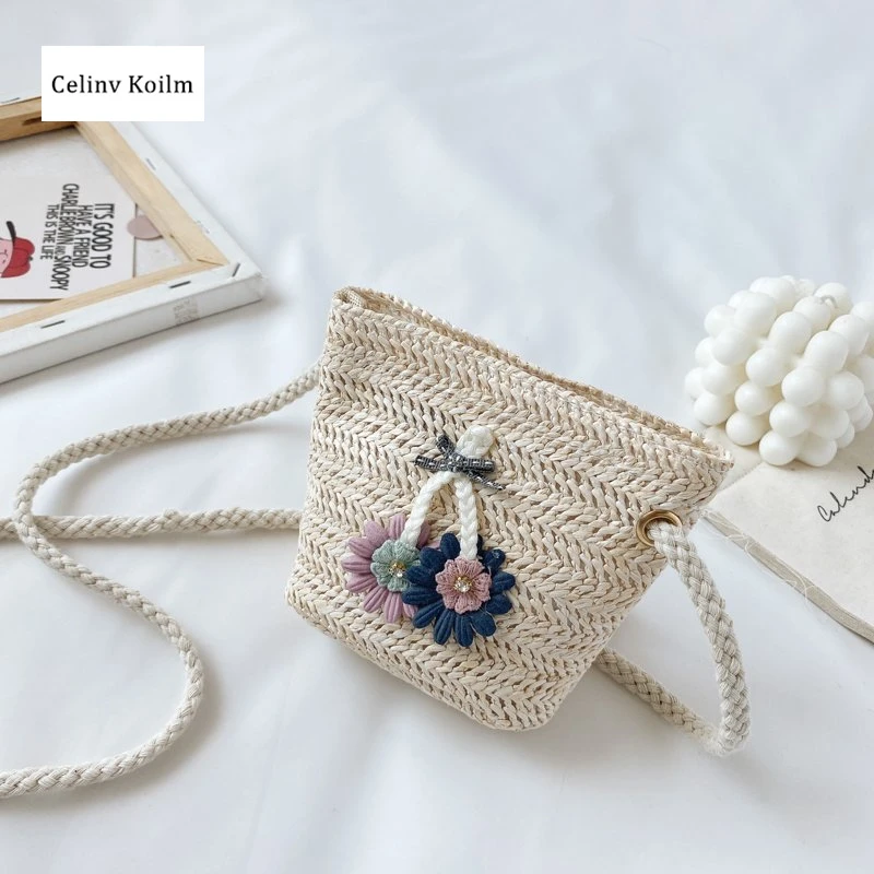 

Celinv Koilm Young Girl Cartoon Straw Beach Bag Vintage Rainbow Handmade Fashion Shoulder Bag Kid Student Bag Children Travel Ba