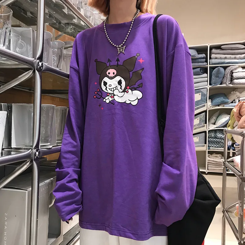 Корейская футболка с круглым вырезом и длинным рукавом, женские Топы Harajuku, уличная одежда, фиолетовая футболка с принтом дьявола, повседневные свободные осенние женские футболки, топы