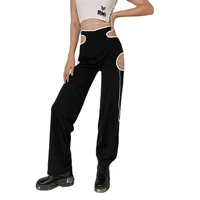 summer fashion casual streetwear hollow out bandage holes pants women slim fitness pants trousers female hip hop pants