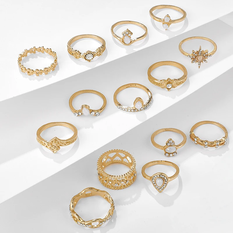 Docona Бохо золотой полый цветок Звезда Опал Набор колец для женщин девушек сплав