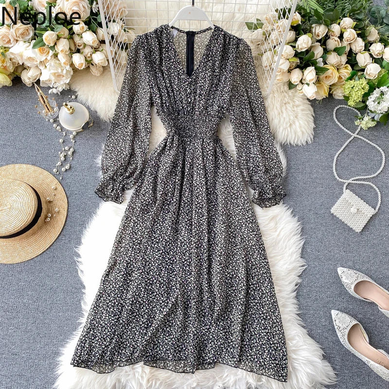 Шикарное шифоновое платье Neploe в Корейском стиле с высокой талией принтом виде
