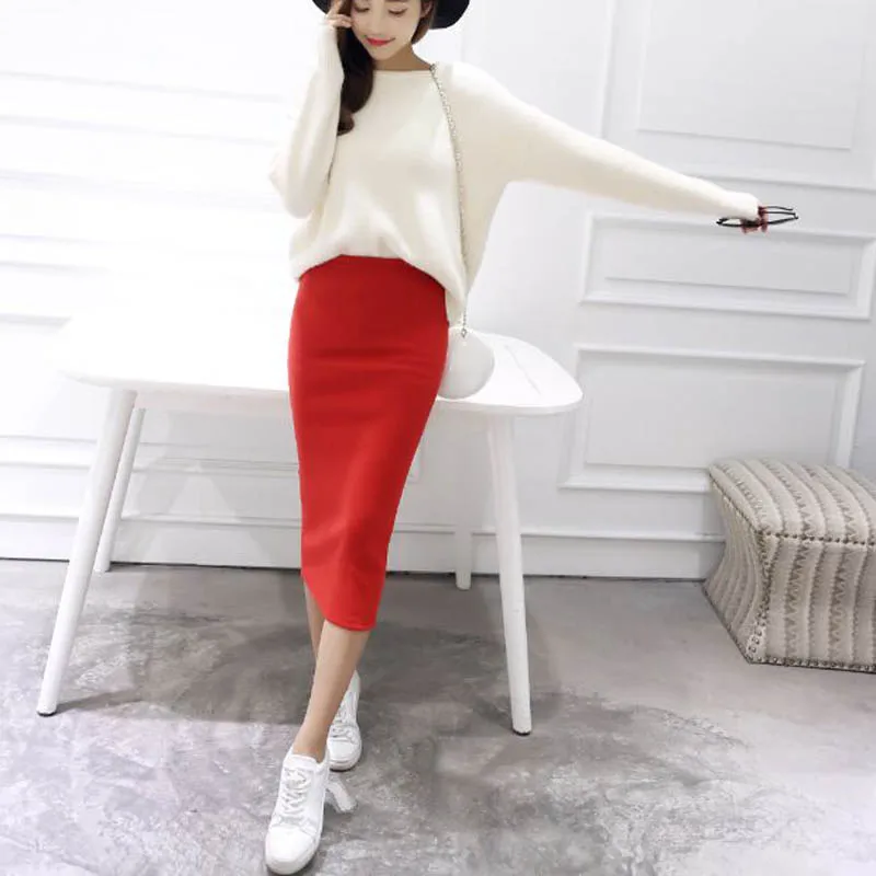 

Autumn Winter Bodycon Skirt Women Stretchable Split Skirt Mid Calf Slim Pencil Skirts For Women Female Knit Skirt