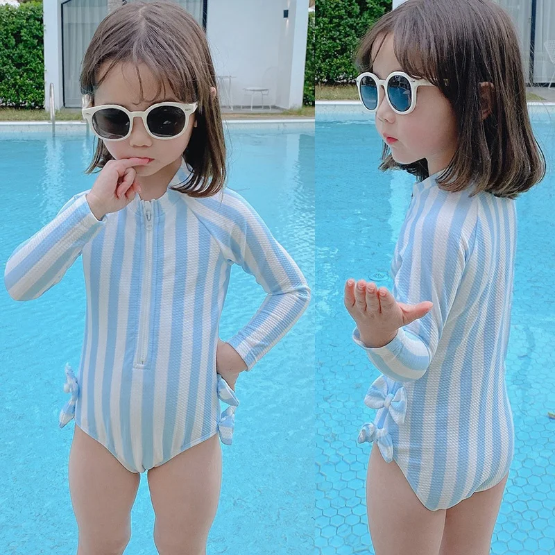 

3-6Y Kids Child Bathing Suit Bikini Set Cute GirlsKorean Navy Stripe One Piece Swimsuit Swimming Beachwear Summer Swimwear