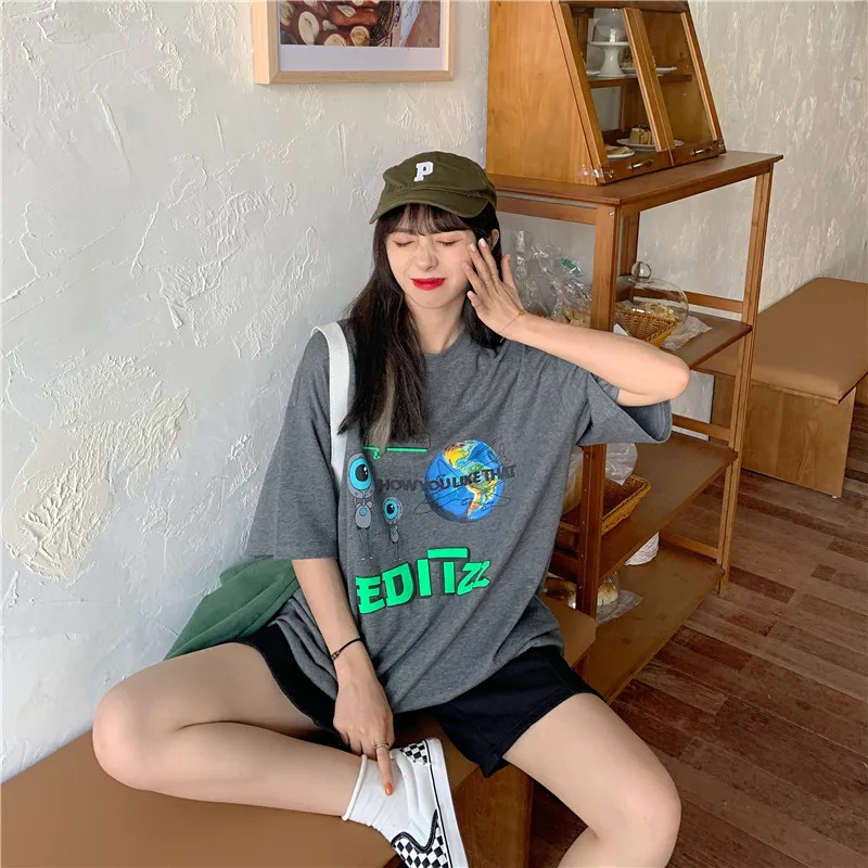 

2021 Summer Fun Globe Print T-Shirt Cotton Korean Style Harajuku Style Kawaii Loose Girl Summer Dress