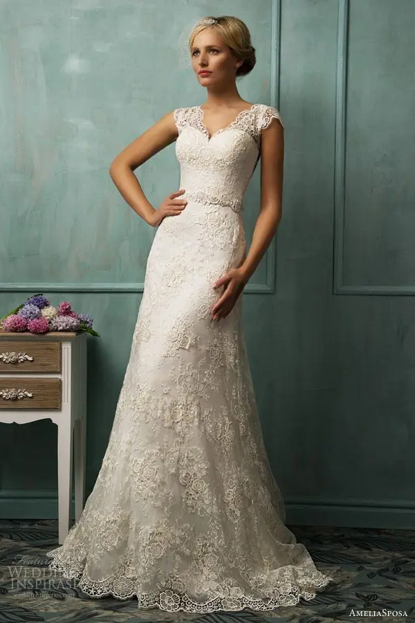 

2019 Vintage Wedding Dresses Mermaid Long Lace Wedding Dress White V-Neck Short Capped Sleeve Chapel Train Bridal Gown Custom SZ