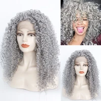 high density afro kinky curly hair silver grey synthetic lace front wigs natural heat resistant fiber women hair cosplay wigs