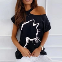 womens fashion casual o neck short sleeve t shirt off shoulder tops cotton cat print loose t shirts summer clothes for women