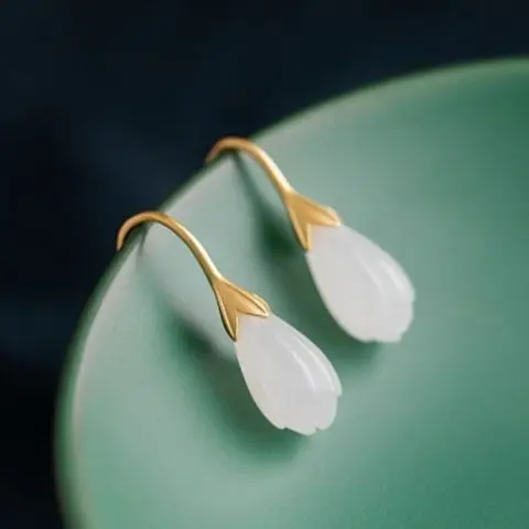 

Natural Hetian White Jade Stone Blue Flower Eardrops Nail Decoration Women's S925 Sterling Silver Chinese Retro National Style E