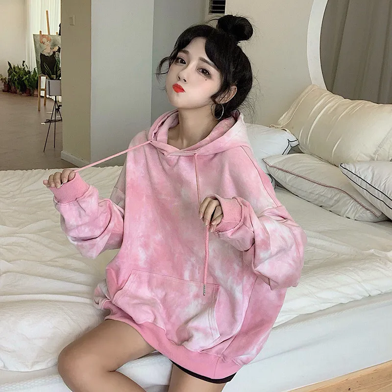 Корейские уличные милые синие толстовки KPOP галстук окрашенные Свободные Harajuku пуловер Tumblr Kawaii с длинными рукавами розовый свитер с капюшоном