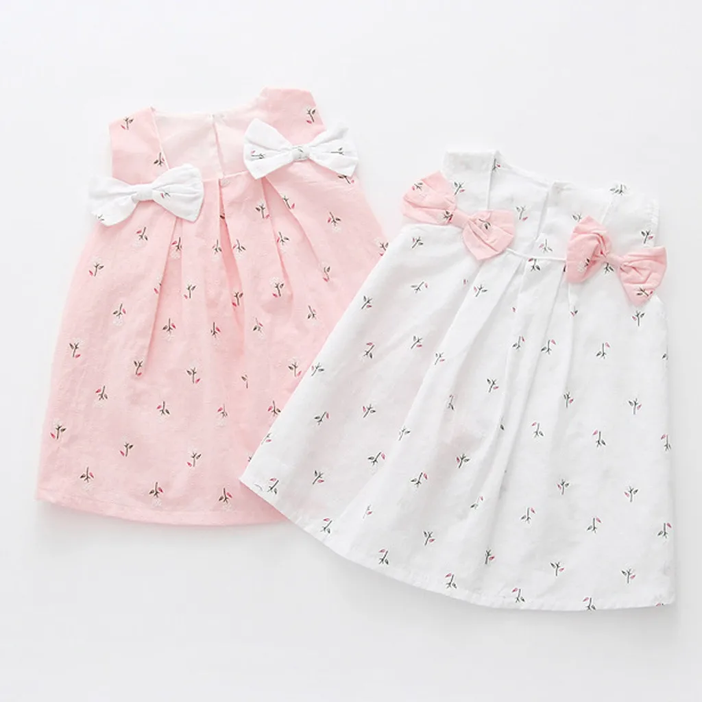 

Summer Toddler Kid Baby Girls Solid Bow Print Floral Suspender Princess Baby girl clothing Party Dress 2021 sukienki dla dzieci