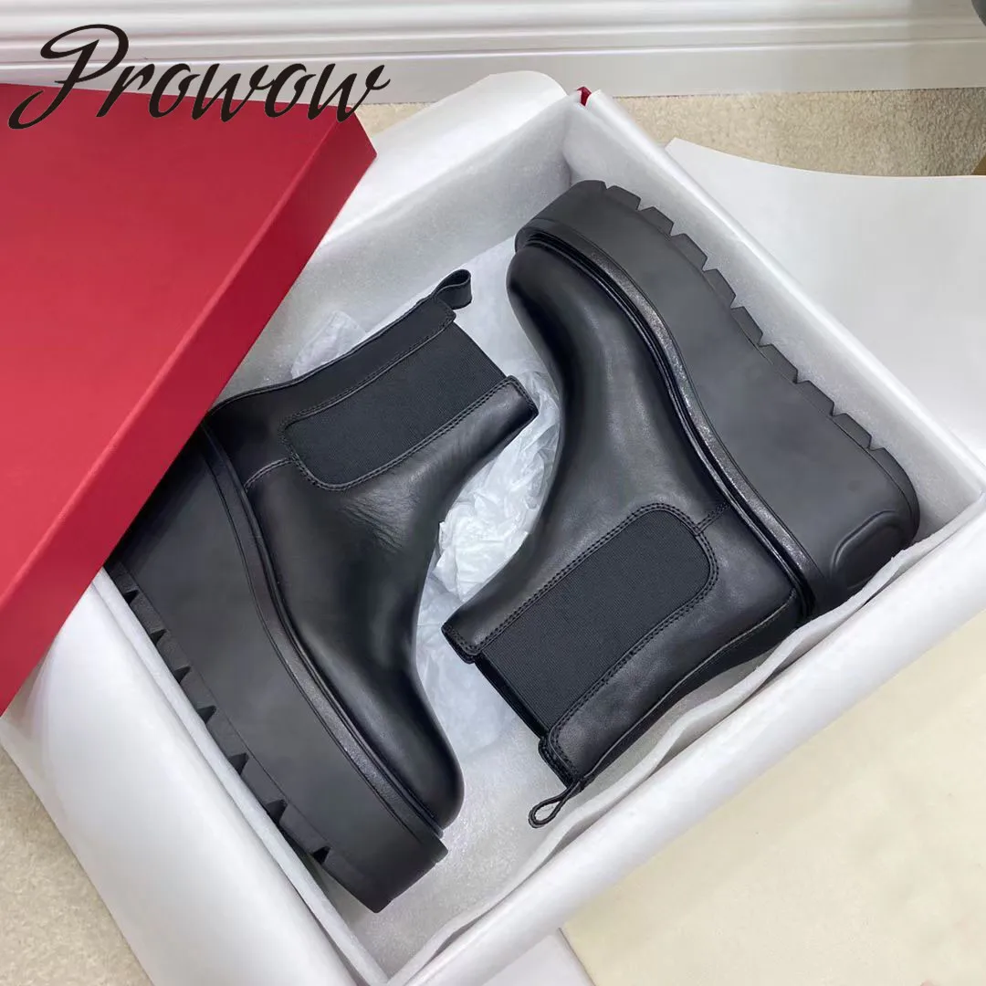

Prowow New HIgh Quality Genuine Leather Platform Wedges Boots Round Toe Slip On Fashion High Heel Ankle Boots Designer Shoes