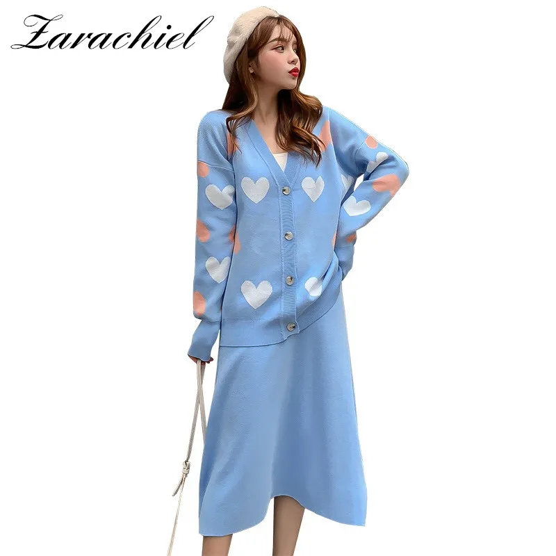 Autumn Winter Women Elegant Love Heart Knitted Cardigan Sweater+High Waist A-Line Skirt 2 Piece Set Loose Knitted Midi Dress Set