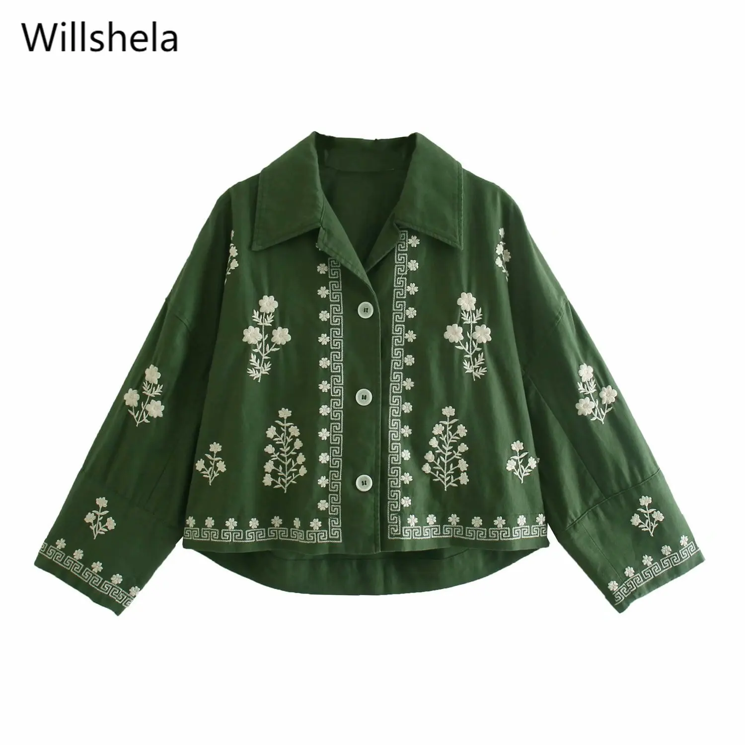 

Женская винтажная блузка с цветочной вышивкой, зеленая рубашка с отворотами и длинным рукавом, 2021