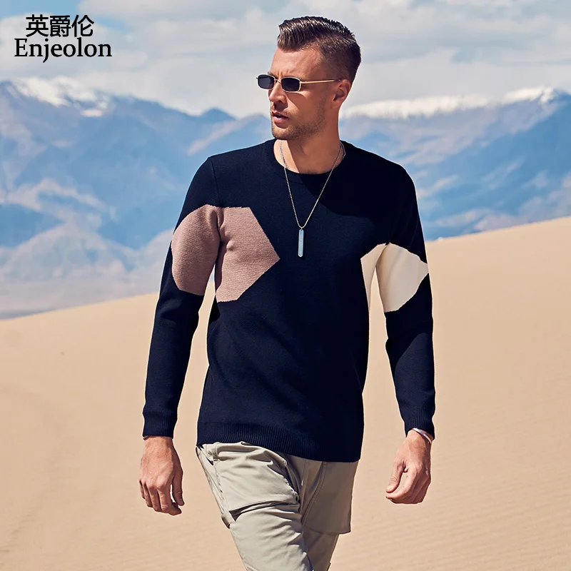 Enjeolon New Sweaters Men Autumn Winter Patchwork Knitted Quality Pullover O-neck Casual Men's Sweater Plus M-3XL MY3448 | Мужская