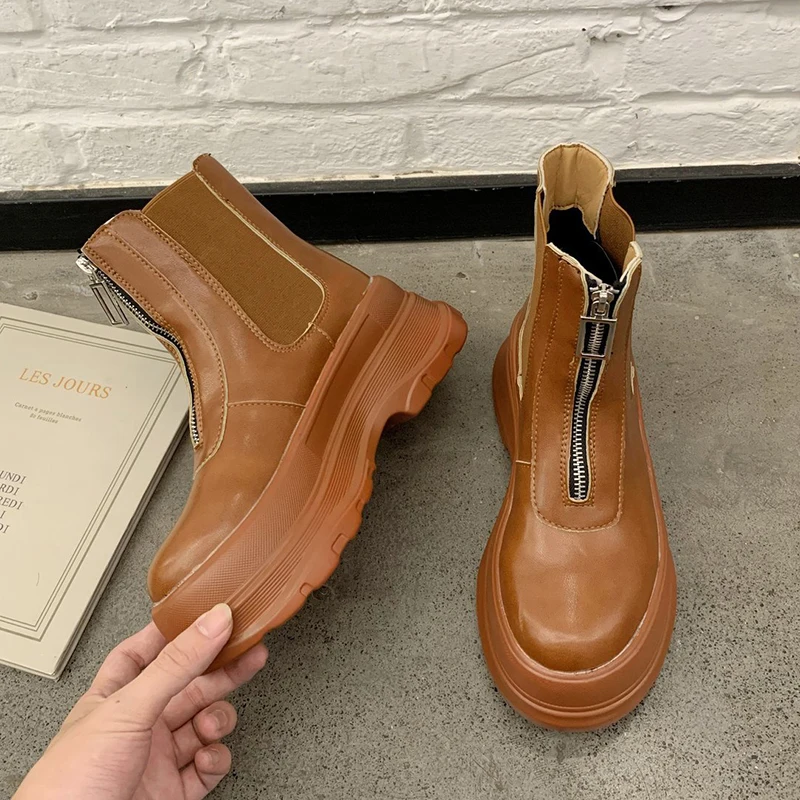 

ADBOOV New Front Zip Chelsea Boots Women Patent Leather Platform Ankle Boots Thick Sole Winter Shoes Ladies