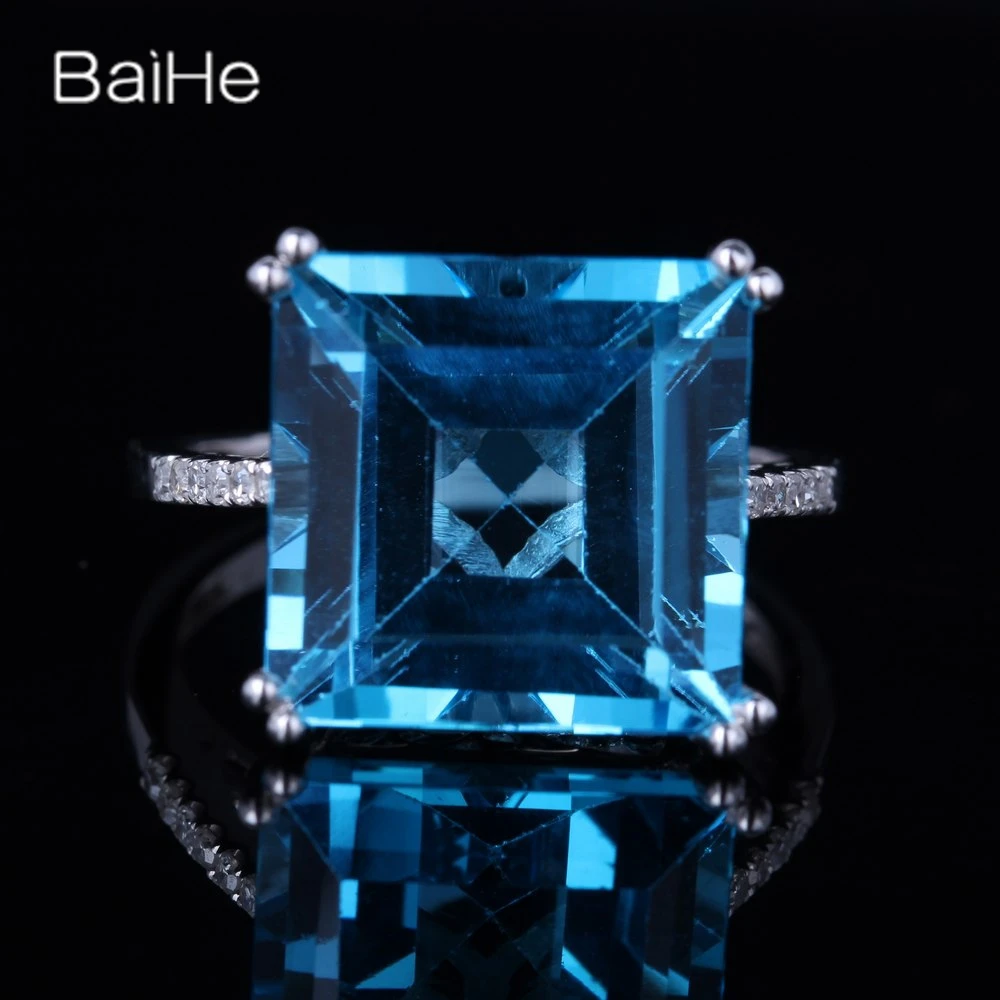 

BAIHE Real Sterling Silver 925 Blue Topaz Ring Women Men Trendy Fine Jewelry Making Square Ring حلقة مربعة خاتم التوباز الأزرق