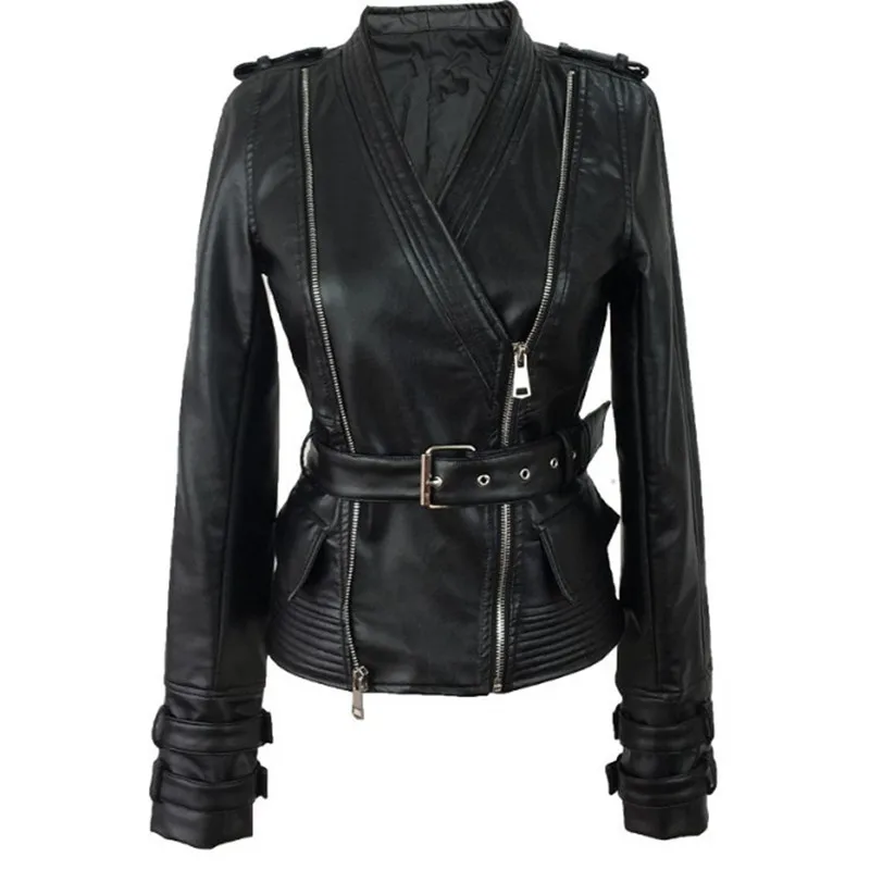 

2020 Spring New PU Length Jacket Fashion Women Double Zipper V-neck Long Sleeve Pad Shoulder Motorcycle Leather Jacket Outerwar