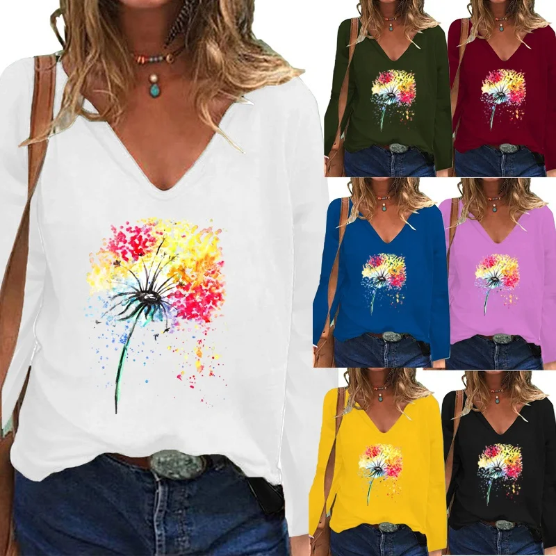 

Autumn and Winter the New Women Clothing Fashion Printing Graphic Tee Long Sleeve V-neck Pullover Loose Casual Shirt Tops XS-5XL