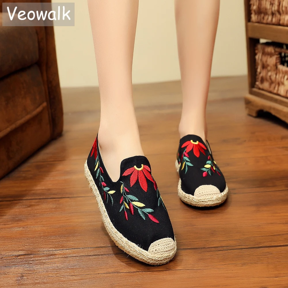 Женские холщовые эспадрильи Veowalk с вышивкой обувь на плоской подошве ручной