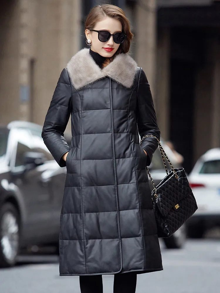 Leather Down Jacket Women's Autumn Winter Medium Length Sheepskin Coat Mink Fur Collar Leisure Slim Down Coat