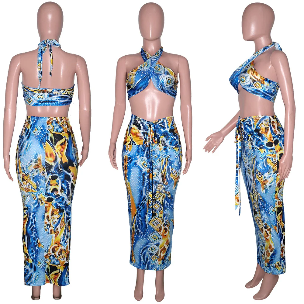 

2 Piece Set Women Summer Hanging Neck Bra Tanks Sexy Midi Skirt Set Nightclub Crop Top Outfits Party Backless Snakeskin Print