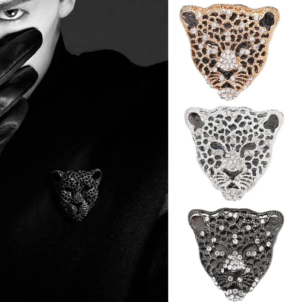 

New Creative Design Charm Rhinestone Leopard Brooch Retro Hollow Head Brooches For Man Fashion Jewelry Luxurious Ornaments