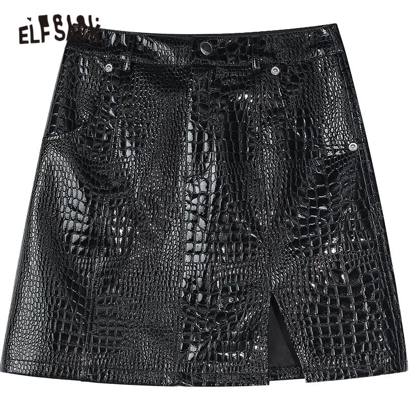 

ELFSACK Black Solid Pure High Waist Casual Women Mini Skirts,2020 Autumn Vintage Split Hem,Korean Sexy Ladies Leather Bottom