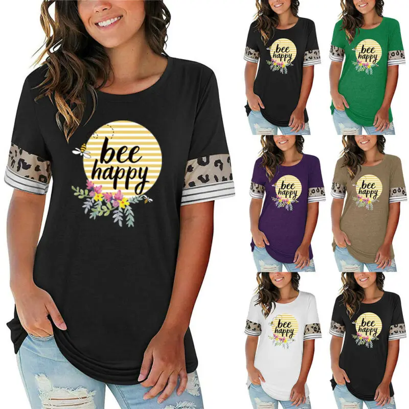 

Summer Women Casual Crew Neck Short Sleeve T Shirt Print Top Loose Blouse Tunic